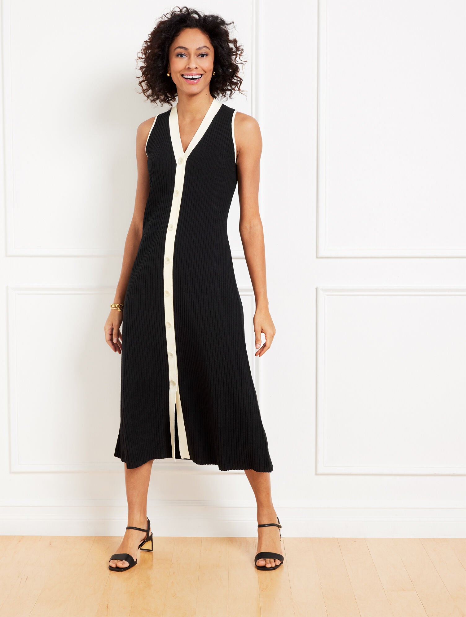 BLACK/IVORY SLEEVELESS MIDI SWEATER DRESS | Talbots US