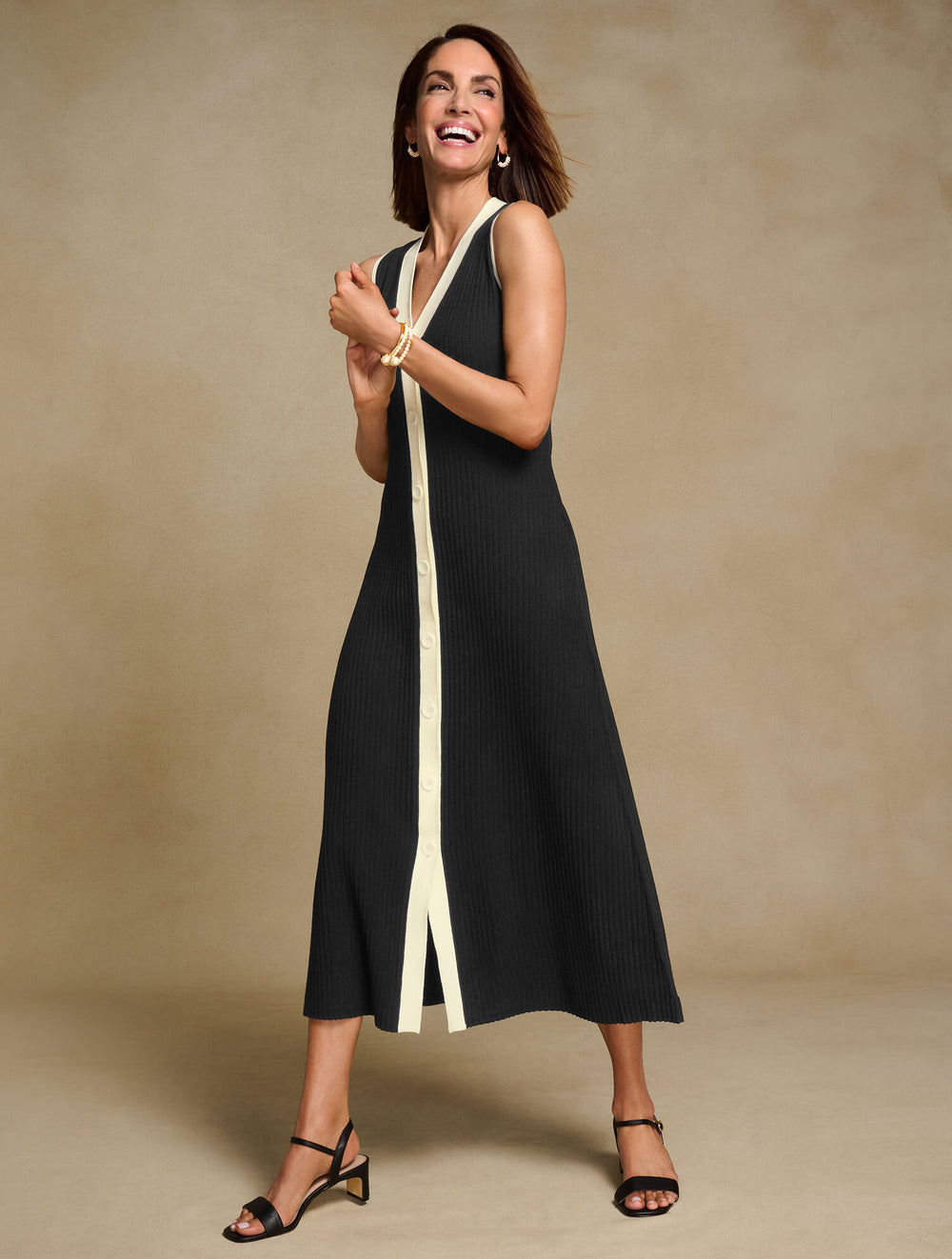 BLACK/IVORY SLEEVELESS MIDI SWEATER DRESS | Talbots US