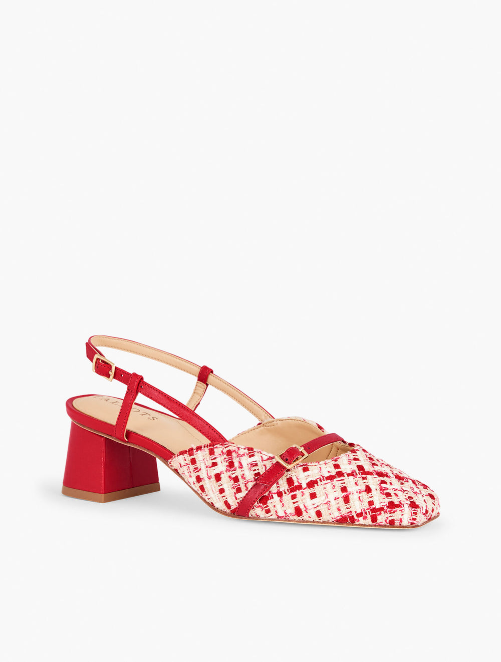 RED/TAN CARLYE BUCKLE BLOCK HEEL PUMPS - LOVELY TWEED | Talbots online