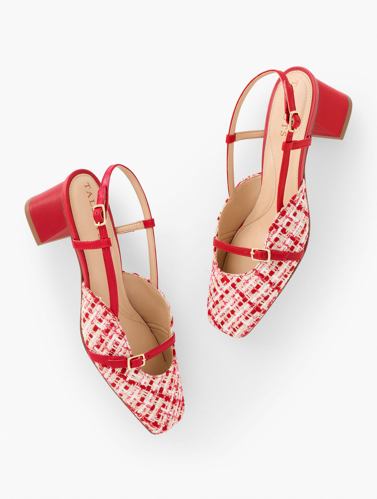 RED/TAN CARLYE BUCKLE BLOCK HEEL PUMPS - LOVELY TWEED | Talbots online