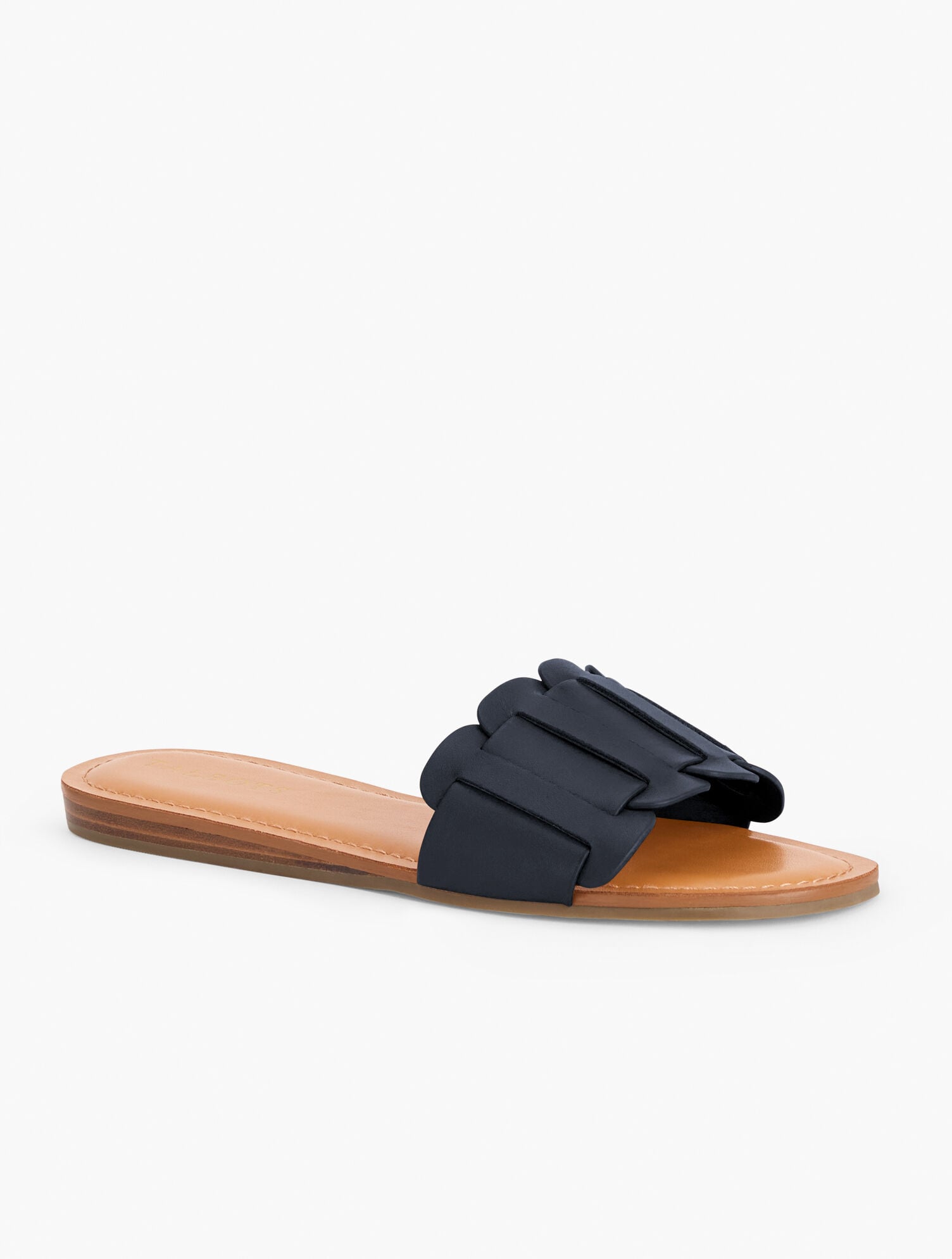 HAVANA TAN|INDIGO BLUE KAIA VACHETTA DEMI WEDGE SLIDES | Talbots online