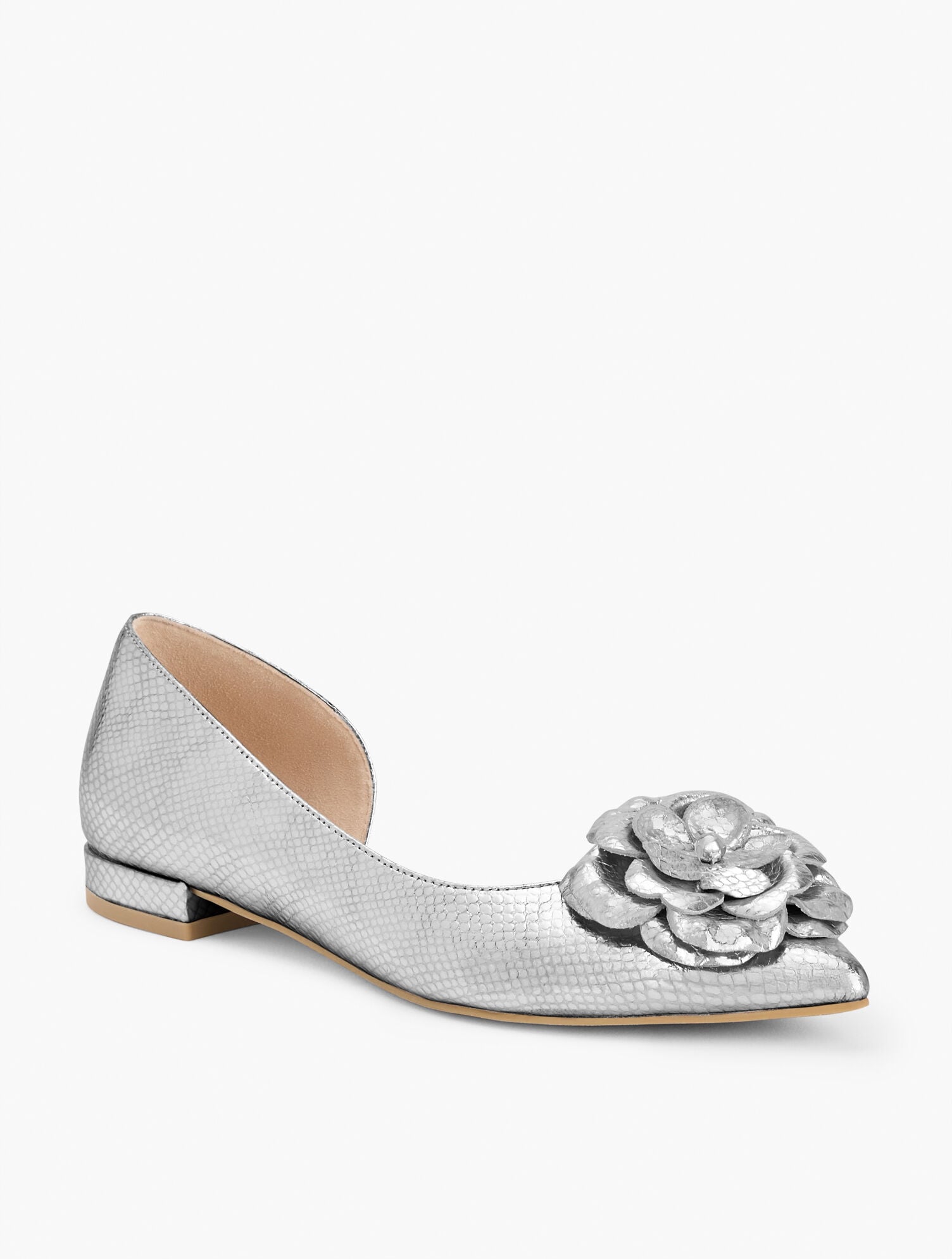 SILVER SCARLET FLOWER EMBOSSED METALLIC FLATS | Talbots discount