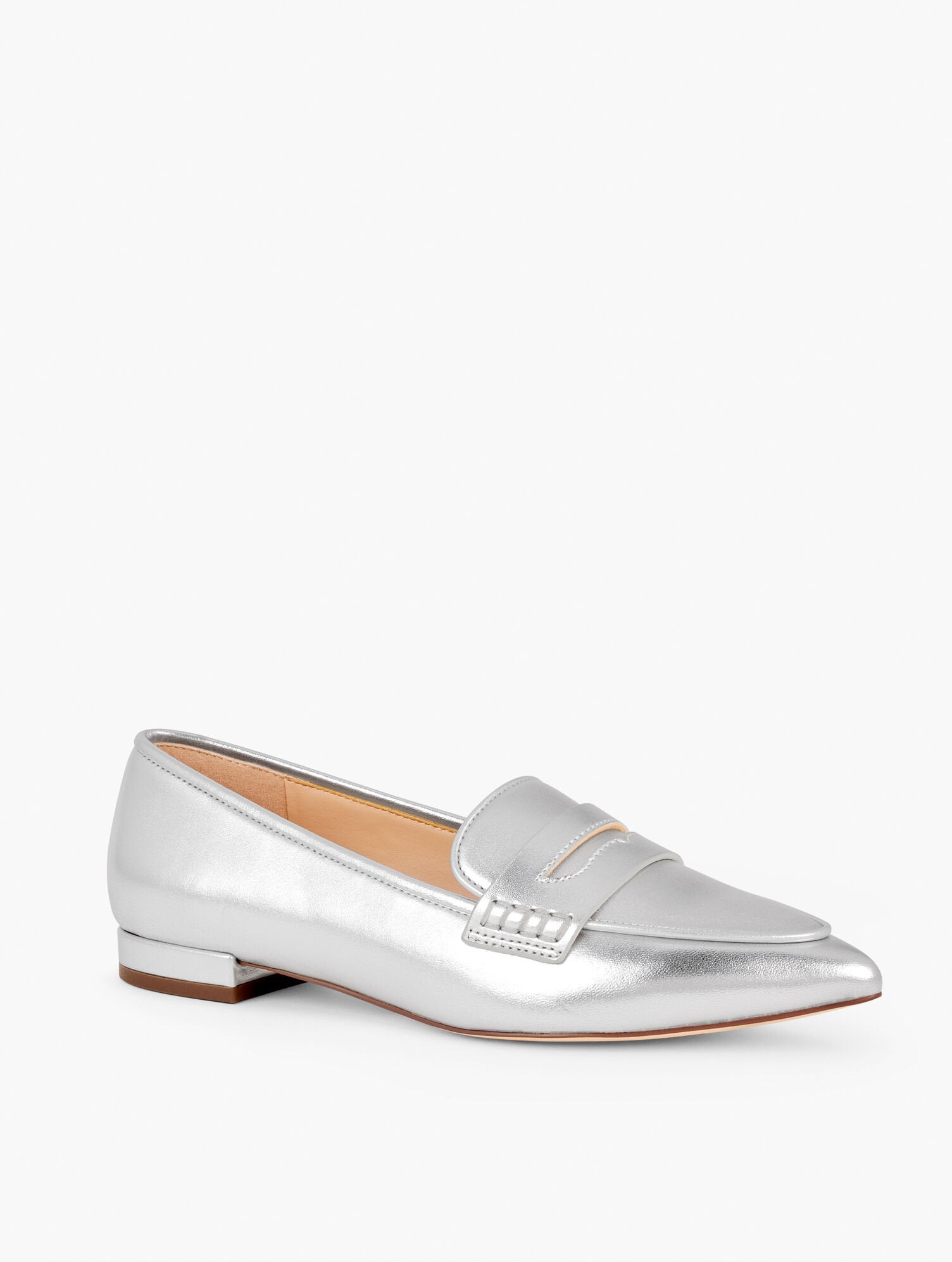 SILVER SCARLET POINTED TOE METALLIC LEATHER LOAFERS | Talbots US