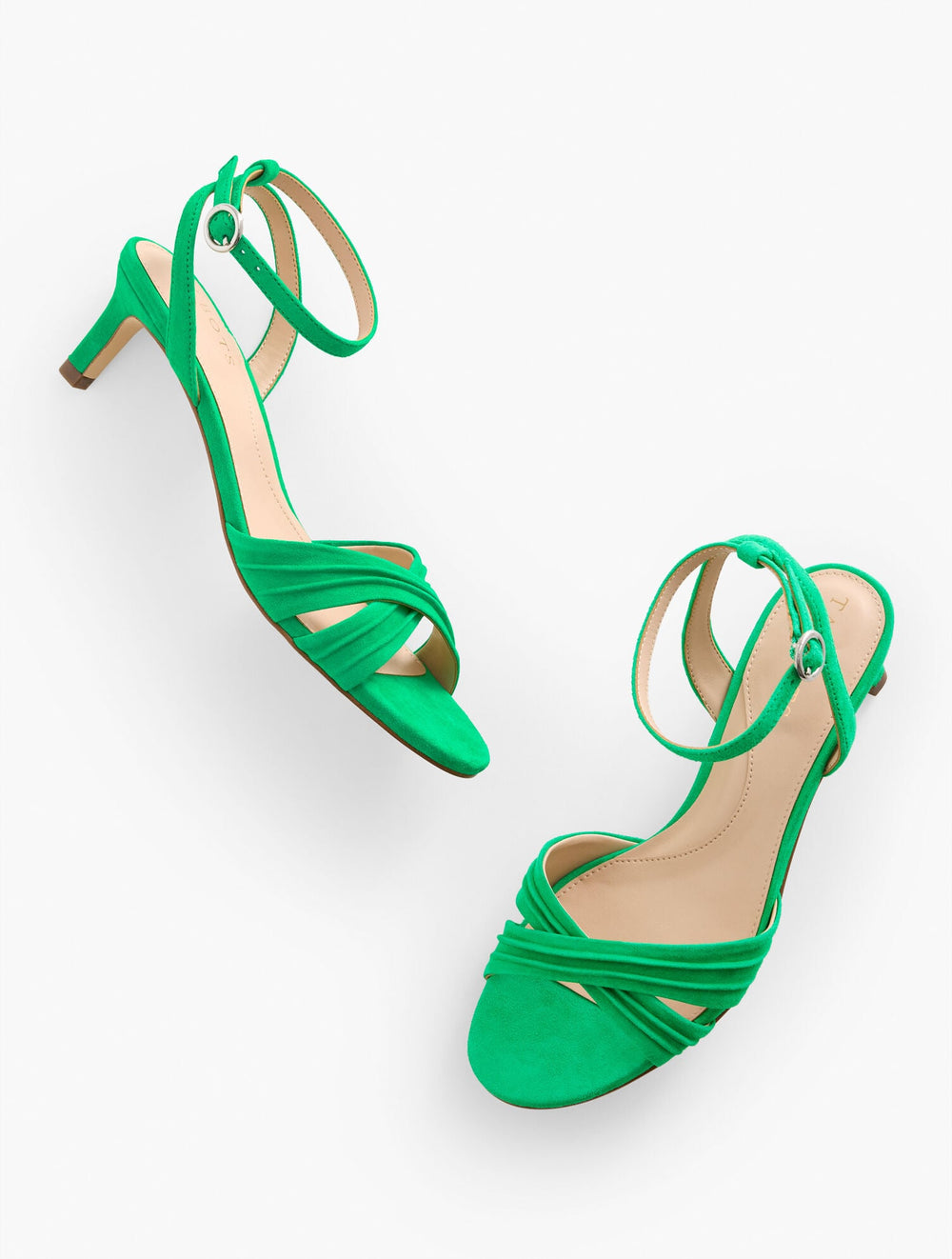 BRIGHT GREEN|BLACK|VIOLET ROSE TALLIA PLEATED SUEDE ANKLE STRAP HEEL SANDALS | Talbots outlet
