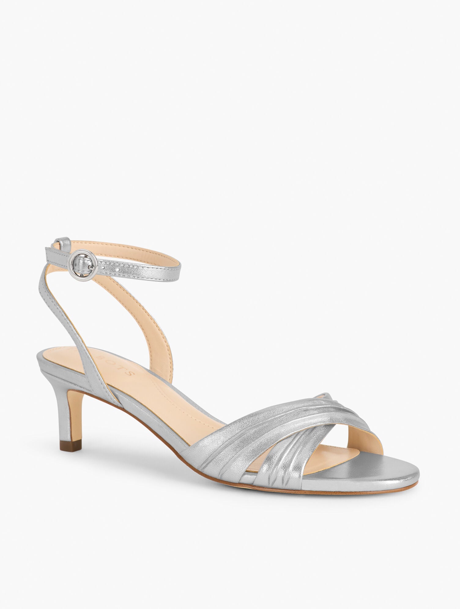 SILVER TALLIA PLEATED METALLIC NAPPA ANKLE STRAP HEEL SANDALS | Talbots on sale