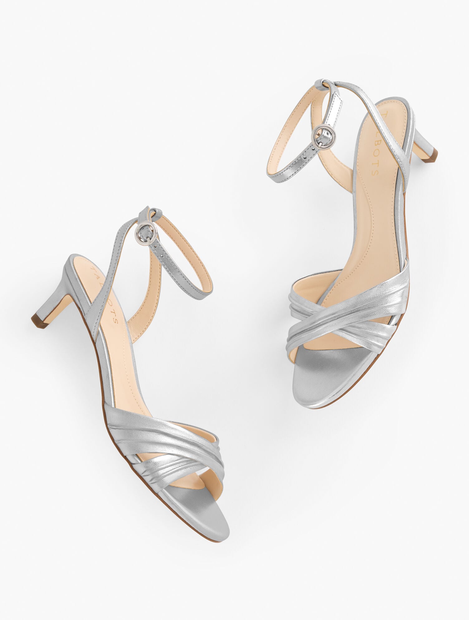 SILVER TALLIA PLEATED METALLIC NAPPA ANKLE STRAP HEEL SANDALS | Talbots on sale
