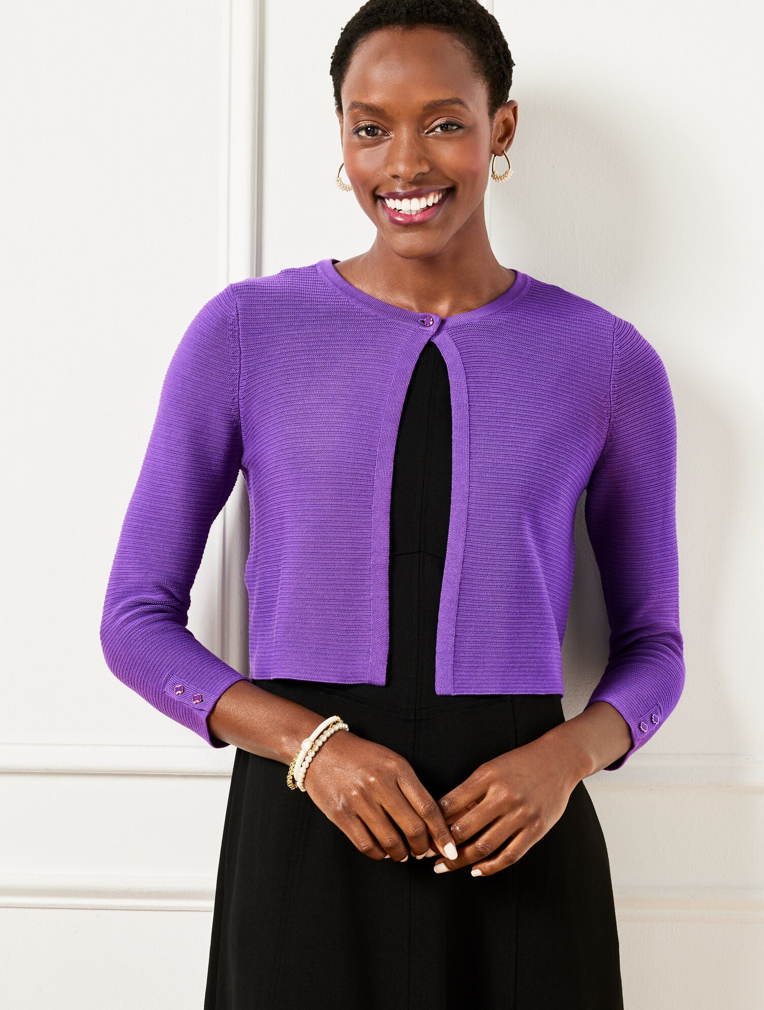 DEEP LAVENDER|INDIGO BLUE BUTTON SHRUG | Talbots outlet