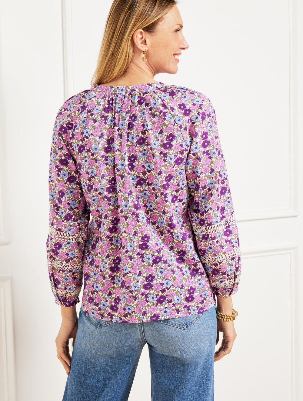 IVORY/PINK ROUGE TOSSED DITSY EMBROIDERED TOP | Talbots outlet