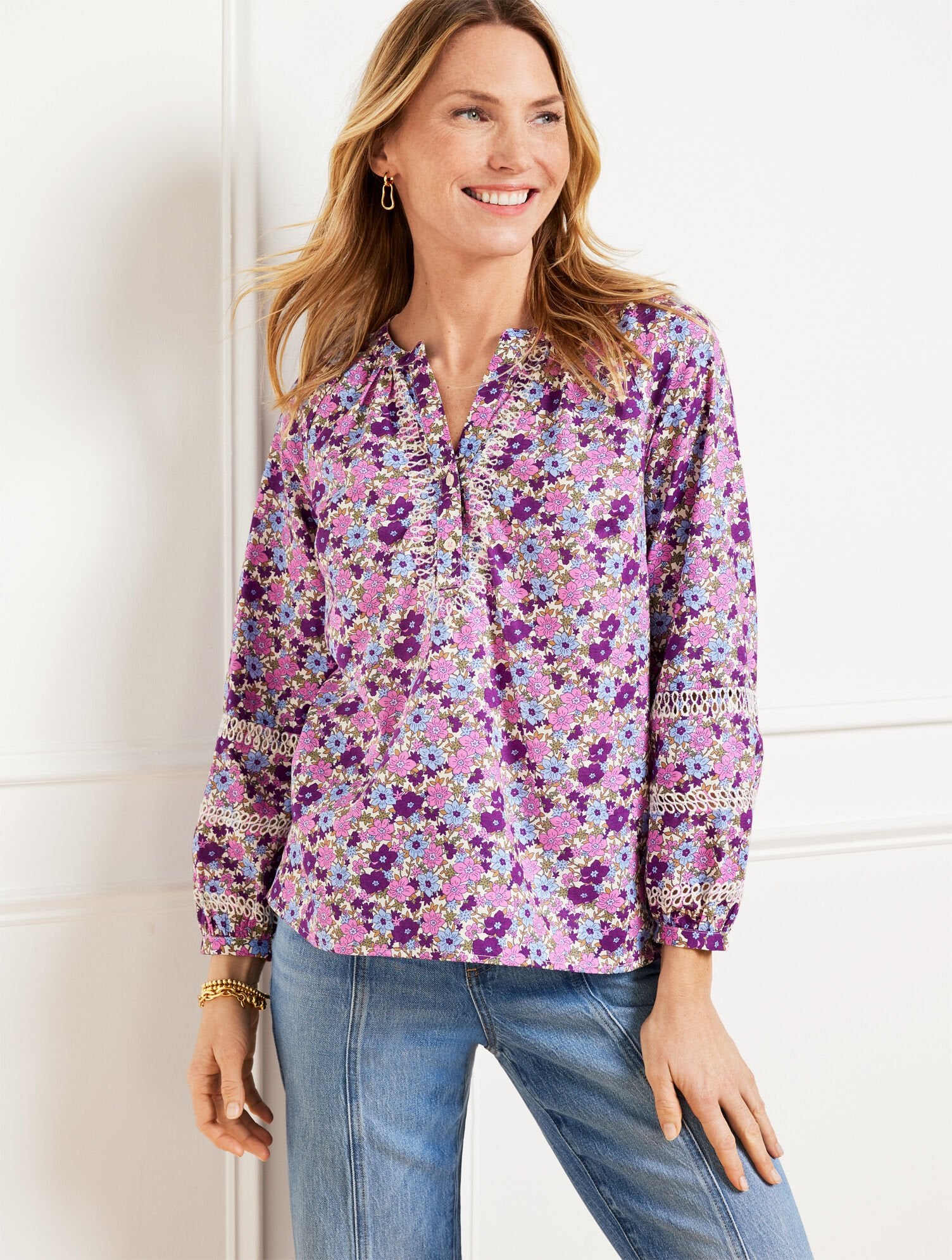 IVORY/PINK ROUGE TOSSED DITSY EMBROIDERED TOP | Talbots outlet