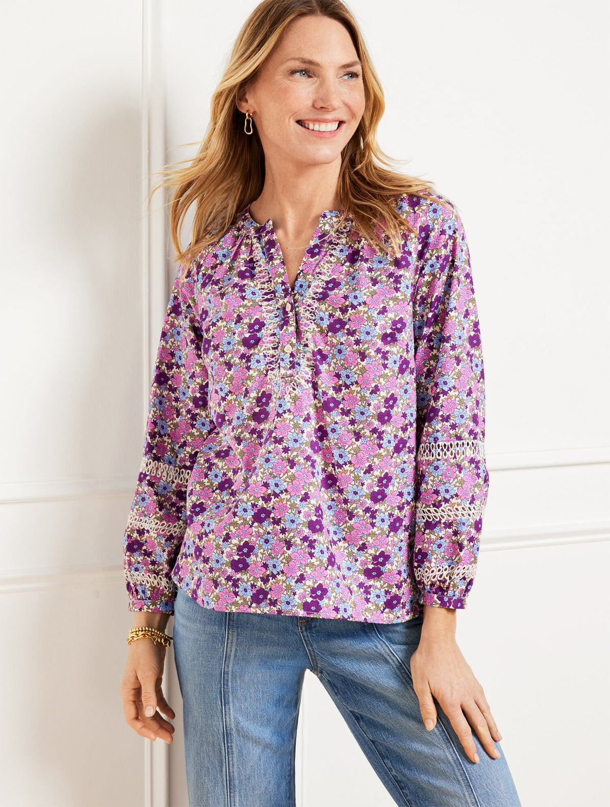 IVORY/PINK ROUGE TOSSED DITSY EMBROIDERED TOP | Talbots outlet