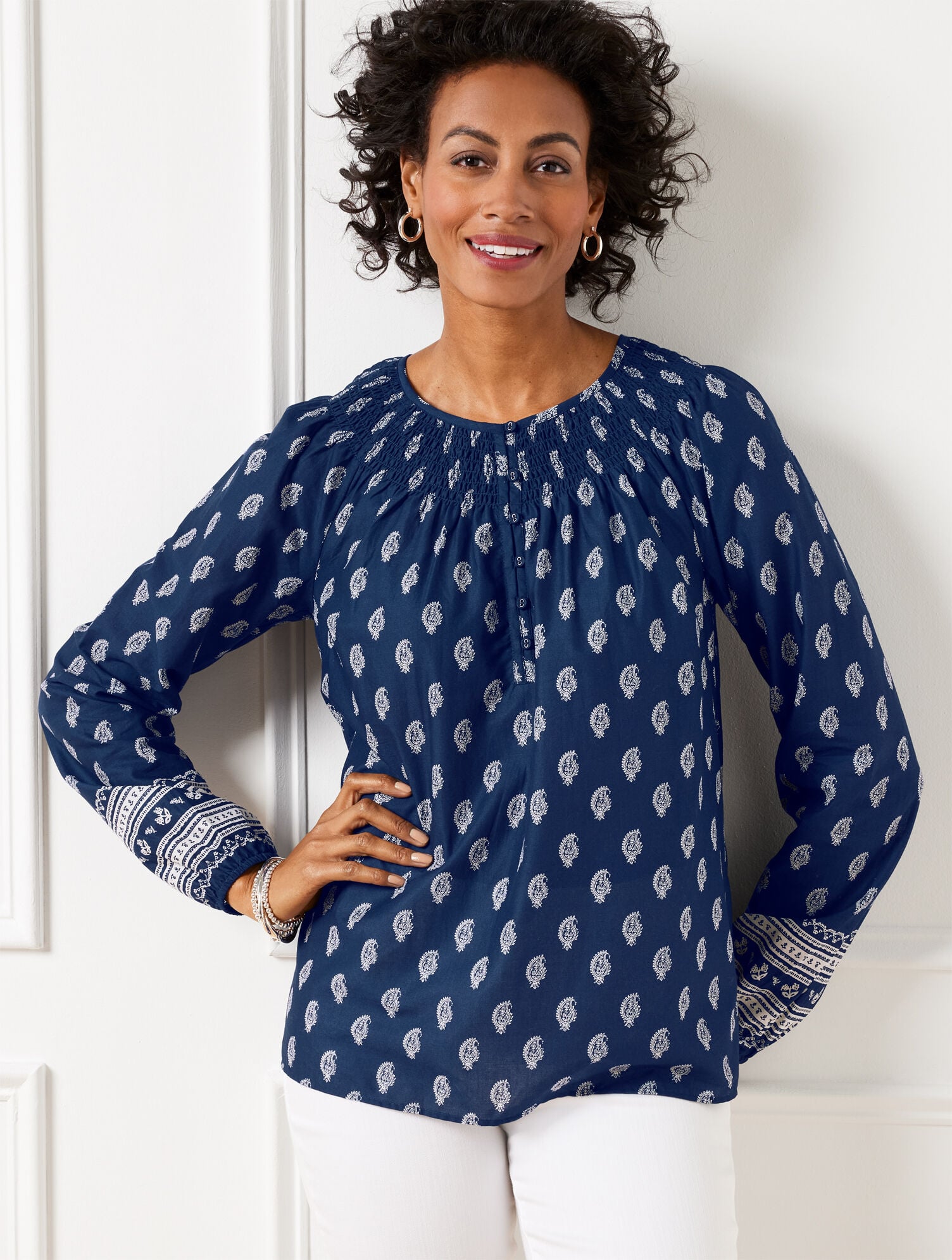 INDIA INK MULTI SMOCKED NECK TOP - SERENE PAISLEY | Talbots sale