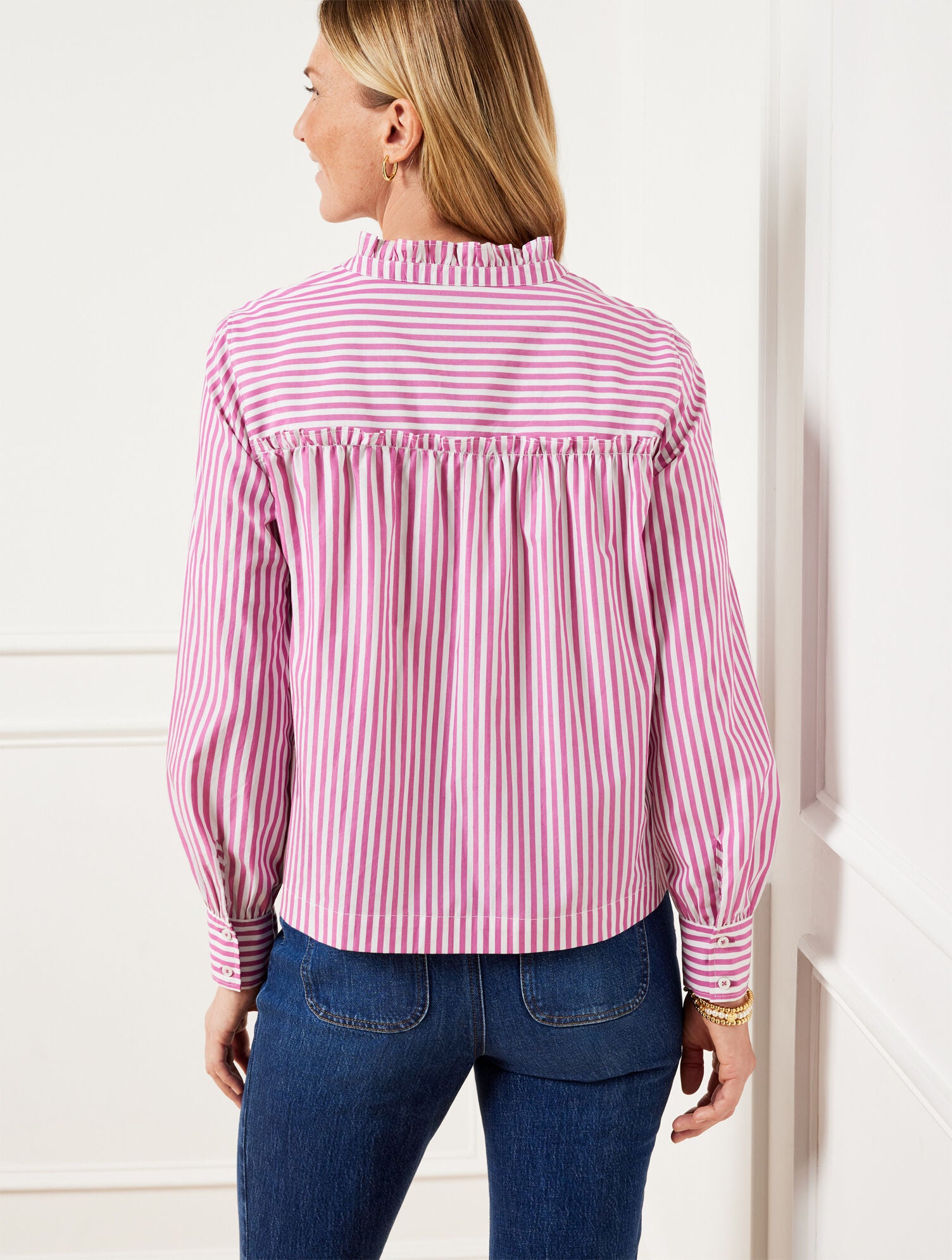 WHITE/ROSE SORBET RUFFLE NECK TOP - REGENCY STRIPE | Talbots US