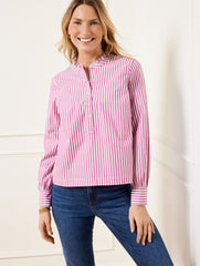 WHITE/ROSE SORBET RUFFLE NECK TOP - REGENCY STRIPE | Talbots US