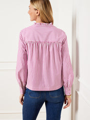 WHITE/ROSE SORBET RUFFLE NECK TOP - REGENCY STRIPE | Talbots US