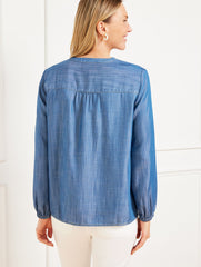 BLUE RIVER WASH DENIM SMOCKED SHORT POPOVER | Talbots on sale