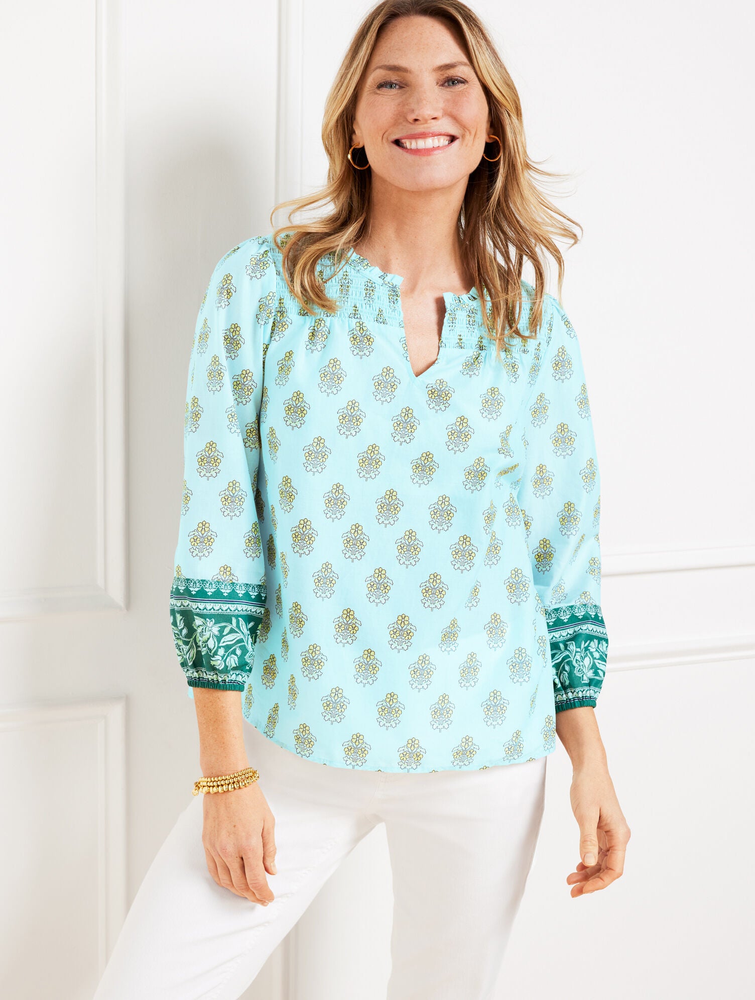 GREEN/BLUE MULTI SMOCKED TOP - BREEZY BLOOMS | Talbots for sale