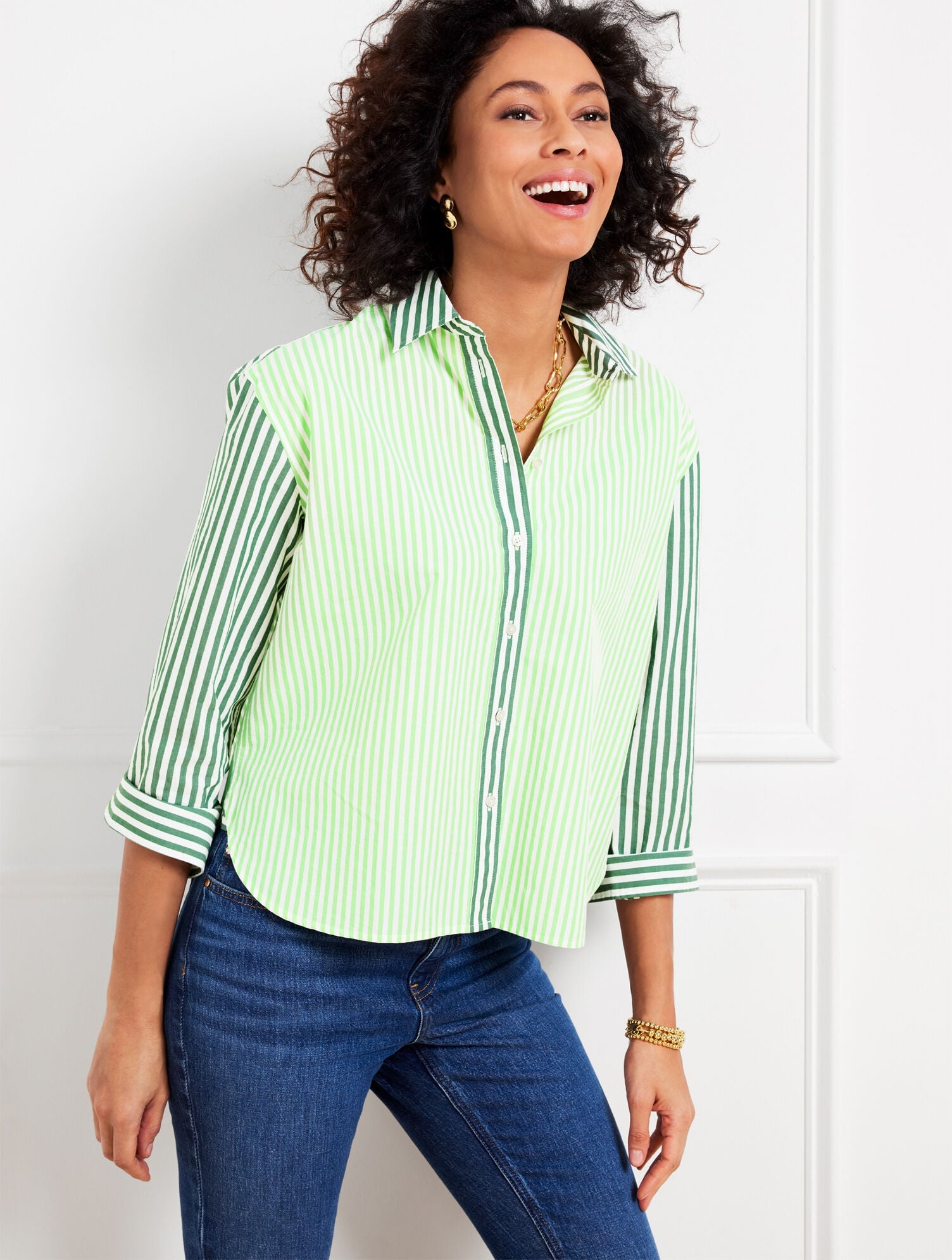 WHITE/PINK ROSETTE|WHITE/PISTACHIO GREEN POPLIN SHORT SHIRT - BLOOMING STRIPE | Talbots near me