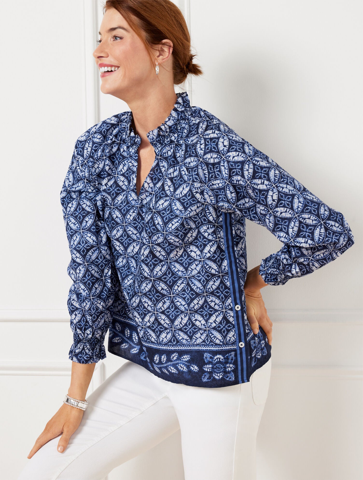 INDIGO BLUE MULTI SIDE BUTTON TOP - MEDALLION TIE-DYE | Talbots near me