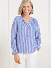 LAKESIDE BLUE/WHITE LANTERN SLEEVE LINEN TOP - PETAL STRIPE | Talbots US