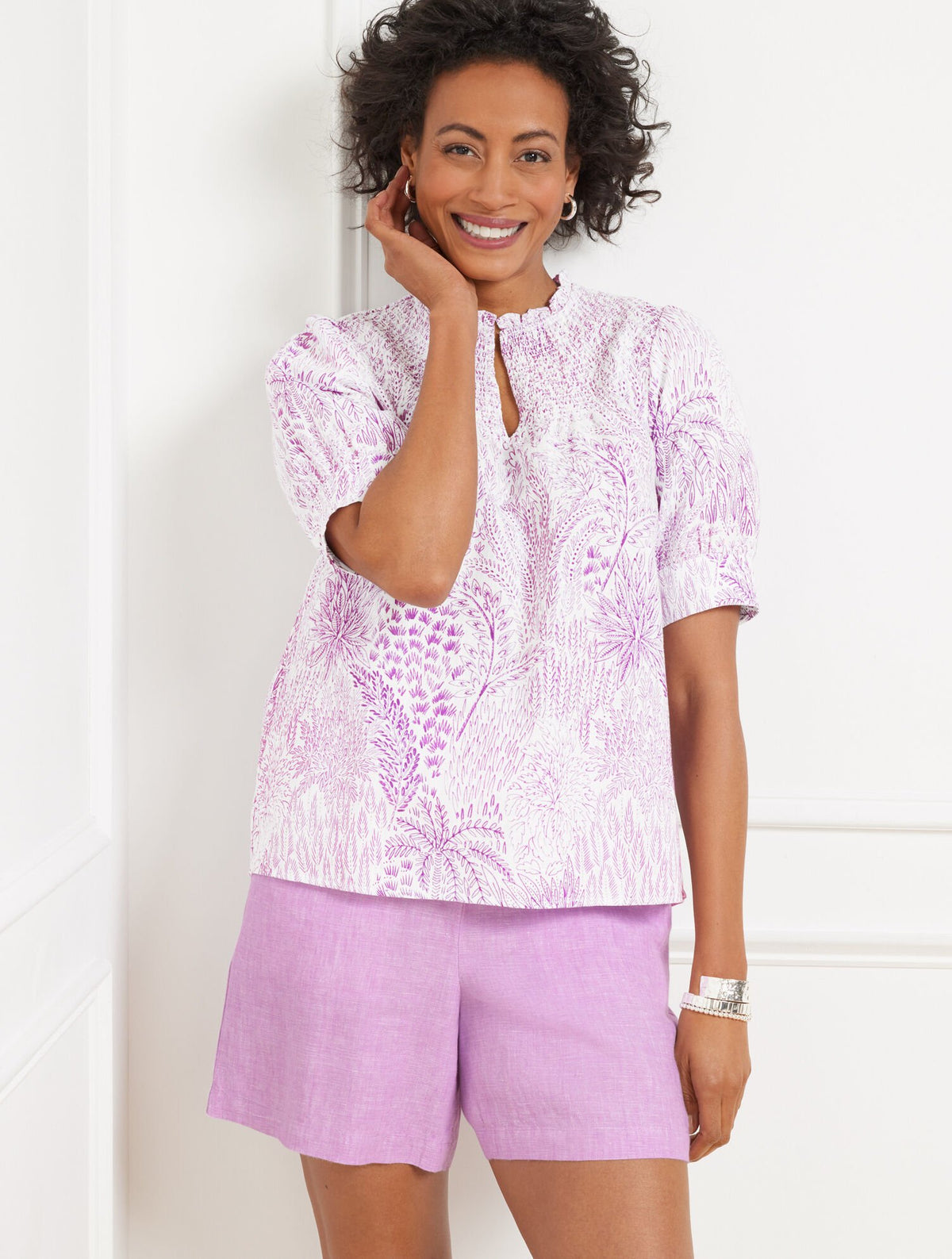 DEEP LAVENDER MULTI LINEN BLEND SMOCKED TOP - BLISSFUL MEADOW | Talbots US
