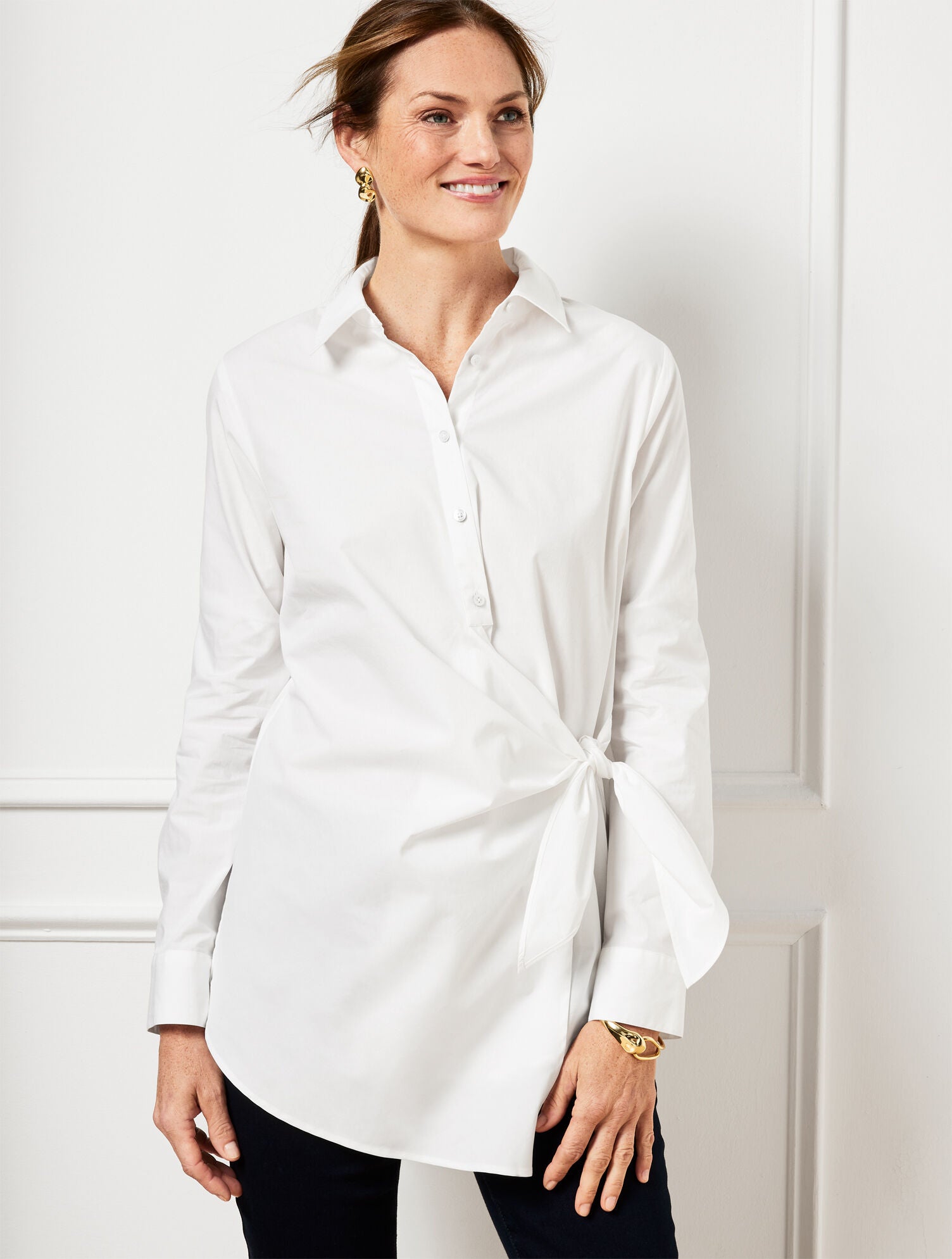WHITE TIE FRONT DRAPED POPLIN SHIRT | Talbots online