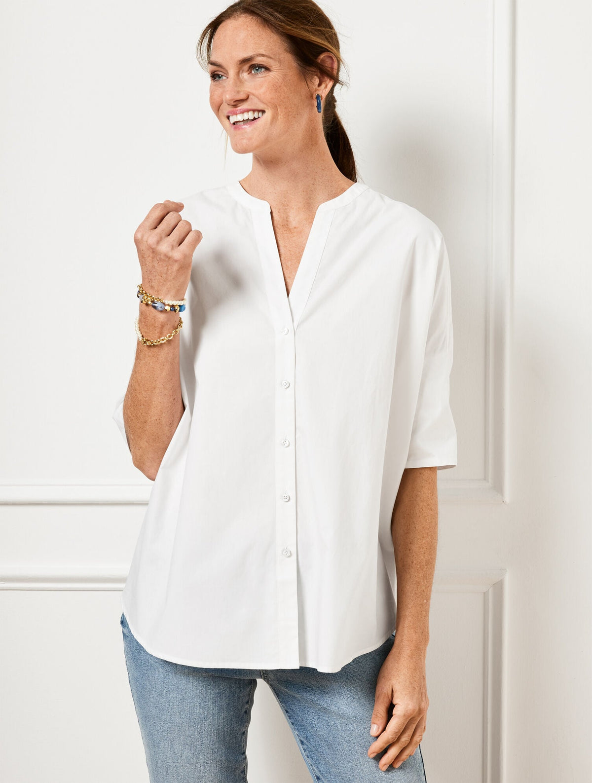 WHITE BAND COLLAR BUTTON FRONT POPLIN SHIRT | Talbots US