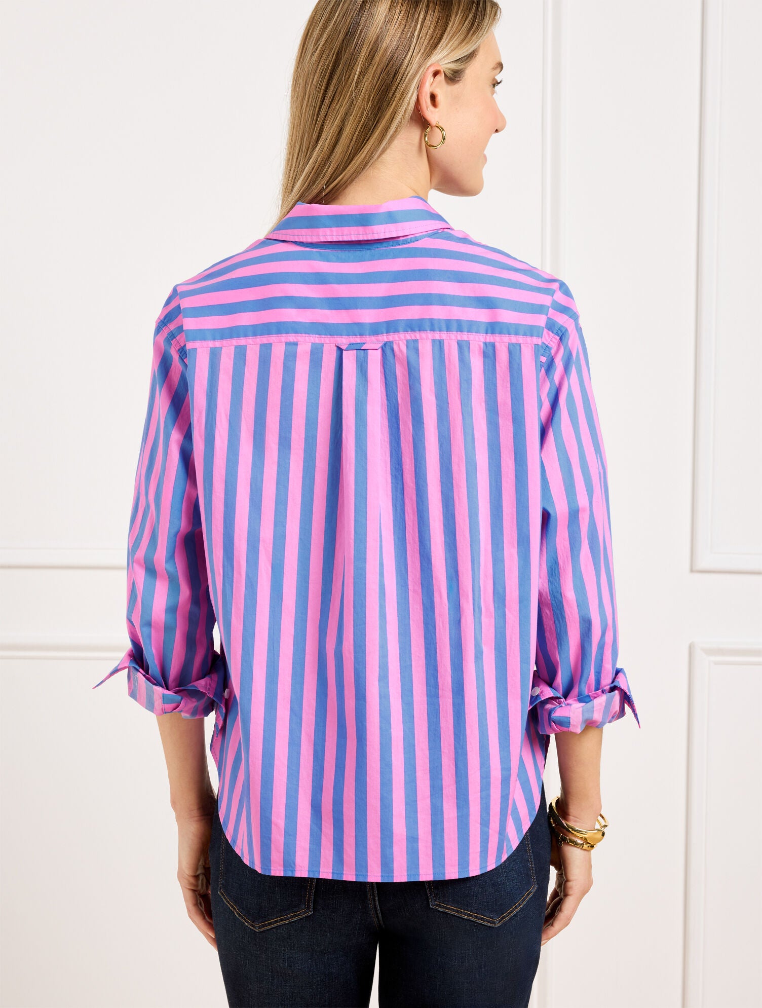 BLUE WAVE/PINK ROUGE SHORT SHIRT - GARDEN STRIPE | Talbots for sale