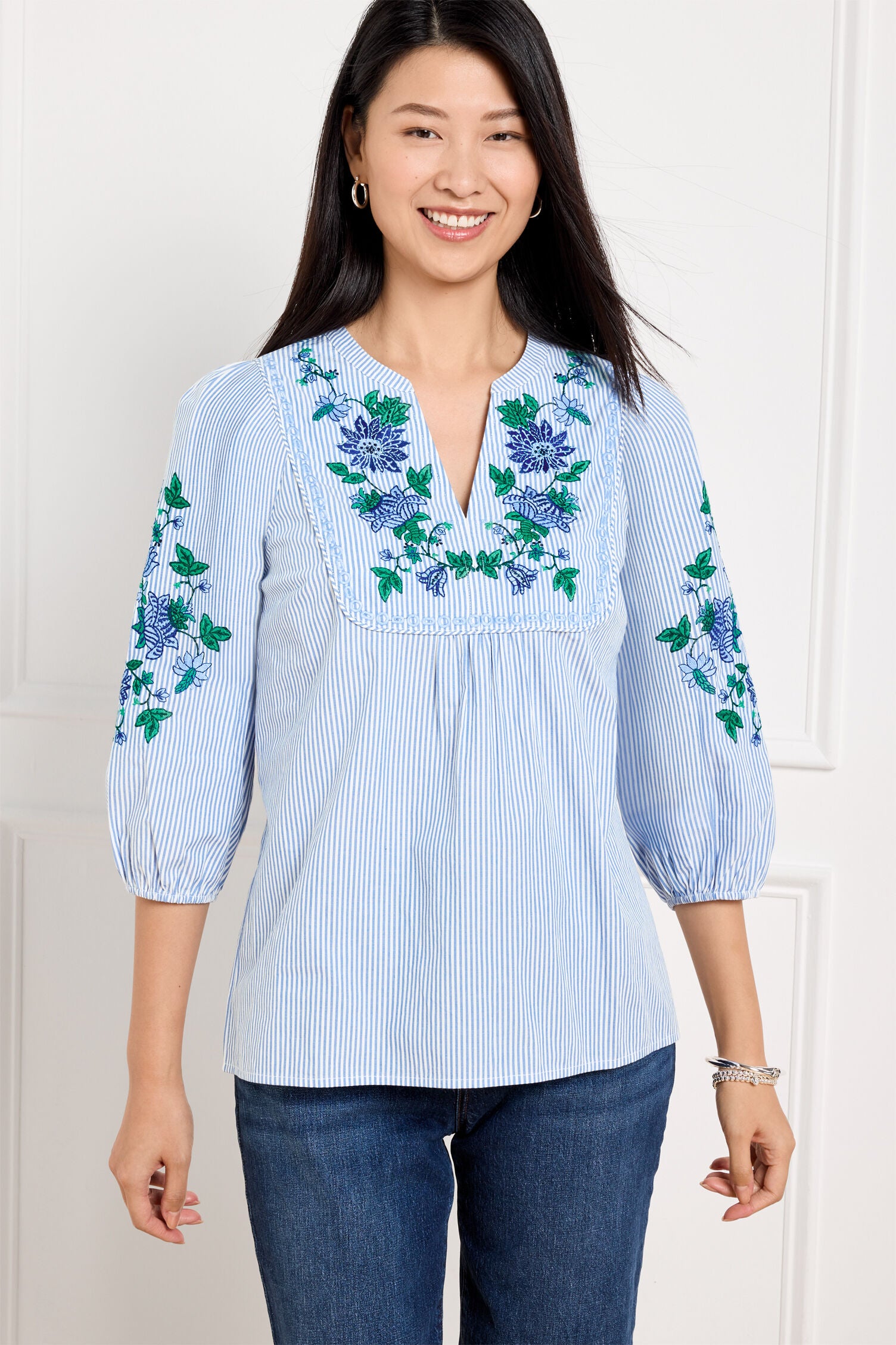 BLUE/WHITE EMBROIDERED STRIPE POPOVER | Talbots near me