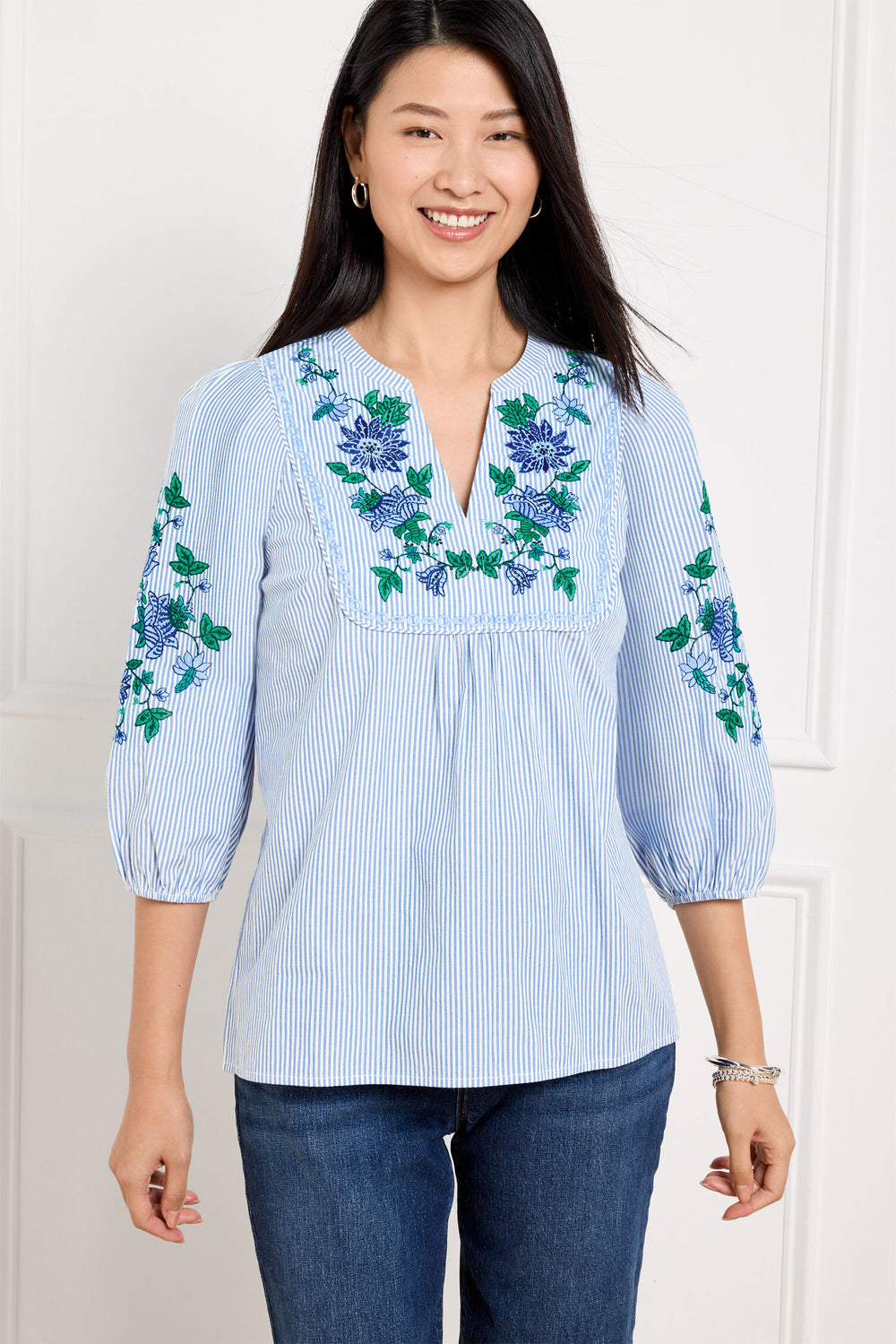 BLUE/WHITE EMBROIDERED STRIPE POPOVER | Talbots near me