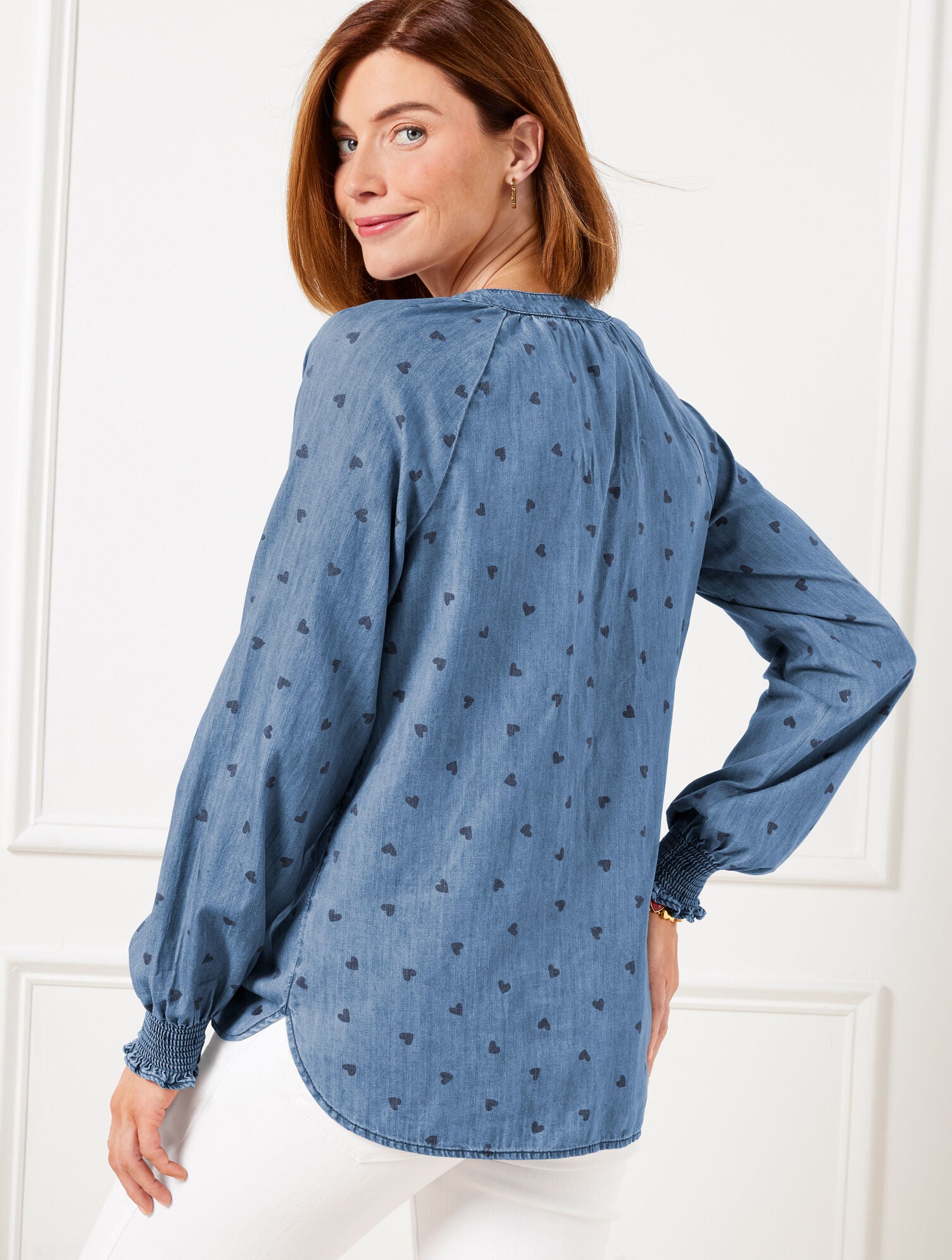 MEDIUM WASH/INDIA INK DENIM RUFFLE TOP - SPRING HEARTS | Talbots US