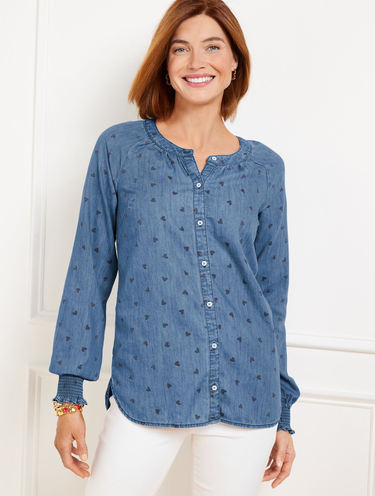 MEDIUM WASH/INDIA INK DENIM RUFFLE TOP - SPRING HEARTS | Talbots US