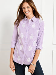 WHITE/DEEP LAVENDER EMBROIDERED NON-IRON PERFECT SHIRT - LEAFY SPLENDOR | Talbots for sale