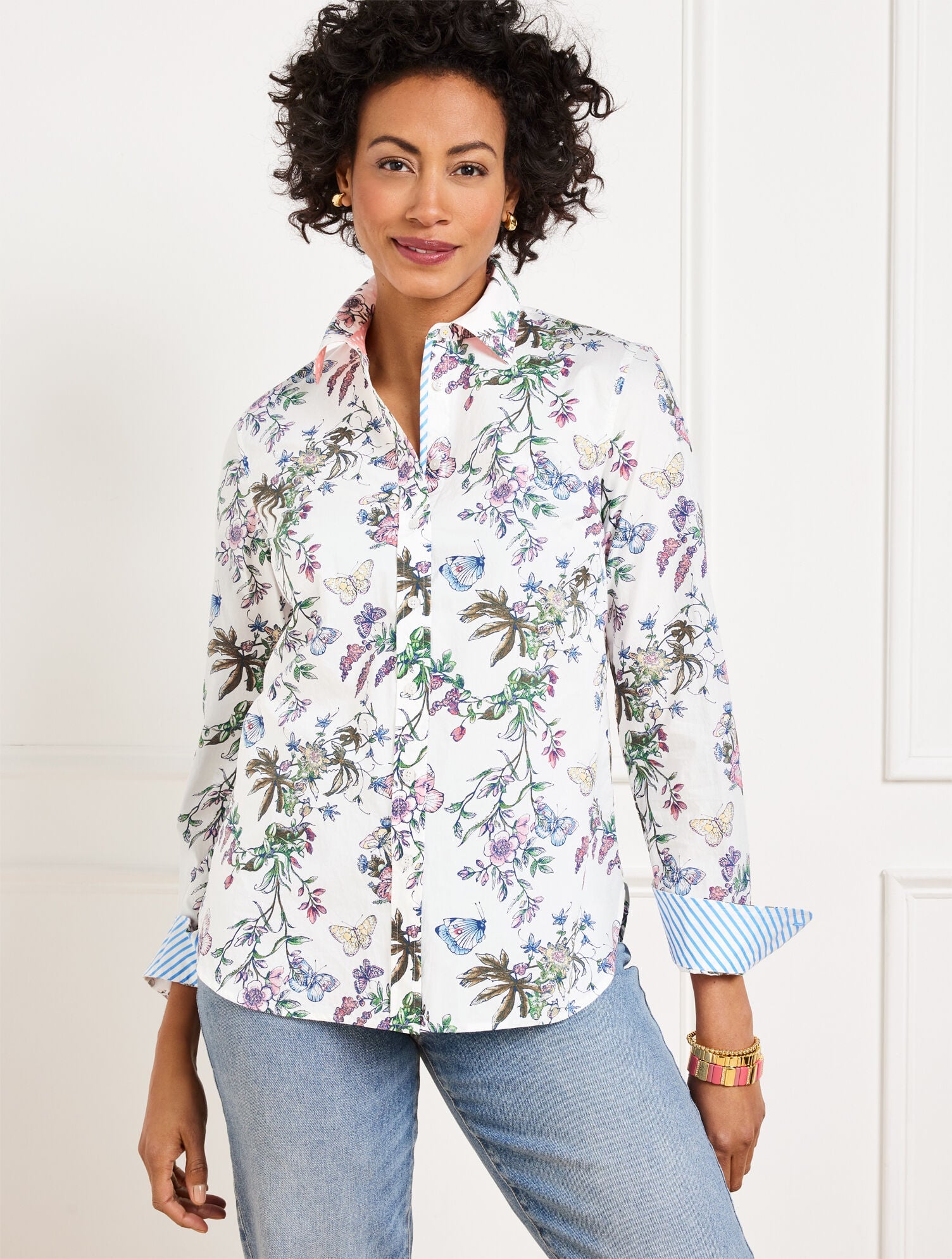 INDIA INK/WHITE MULTI MODERN CLASSIC SHIRT - PENCIL BUTTERFLY | Talbots outlet