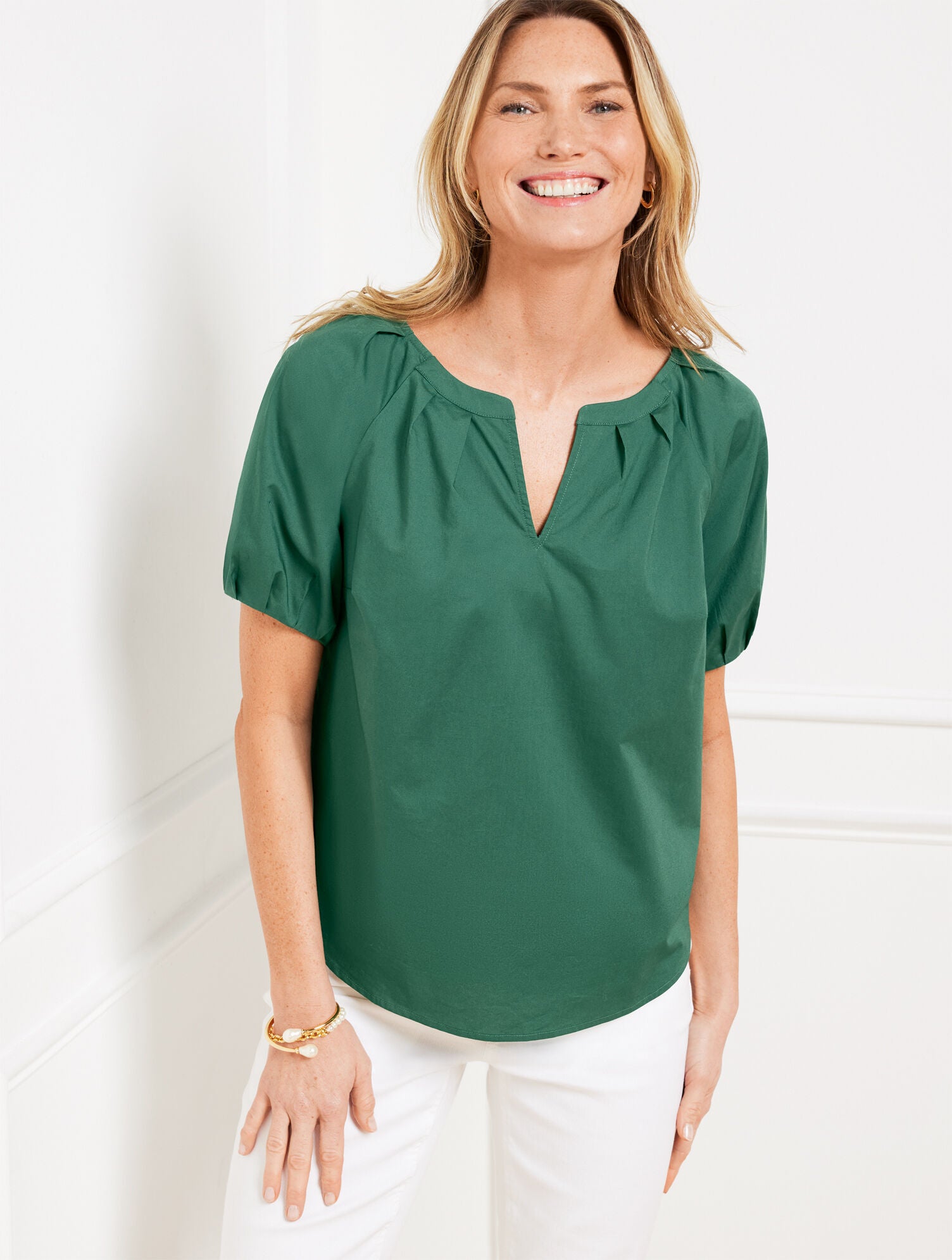 HERITAGE GREEN SHORT SLEEVE POPLIN TOP | Talbots sale