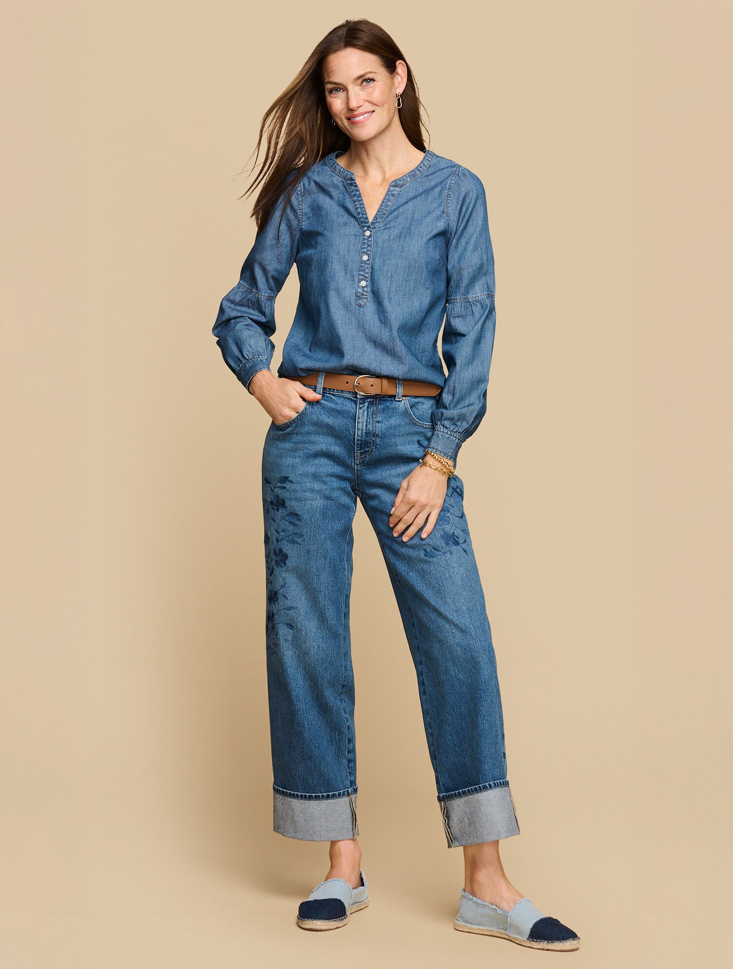 LANTERN SLEEVE SHORT DENIM TOP - KINNEY WASH | Talbots outlet