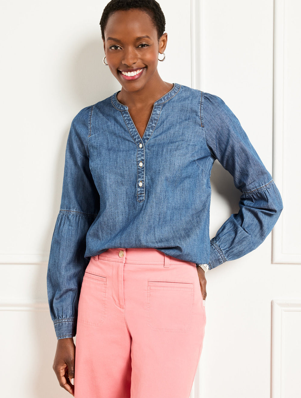 LANTERN SLEEVE SHORT DENIM TOP - KINNEY WASH | Talbots outlet
