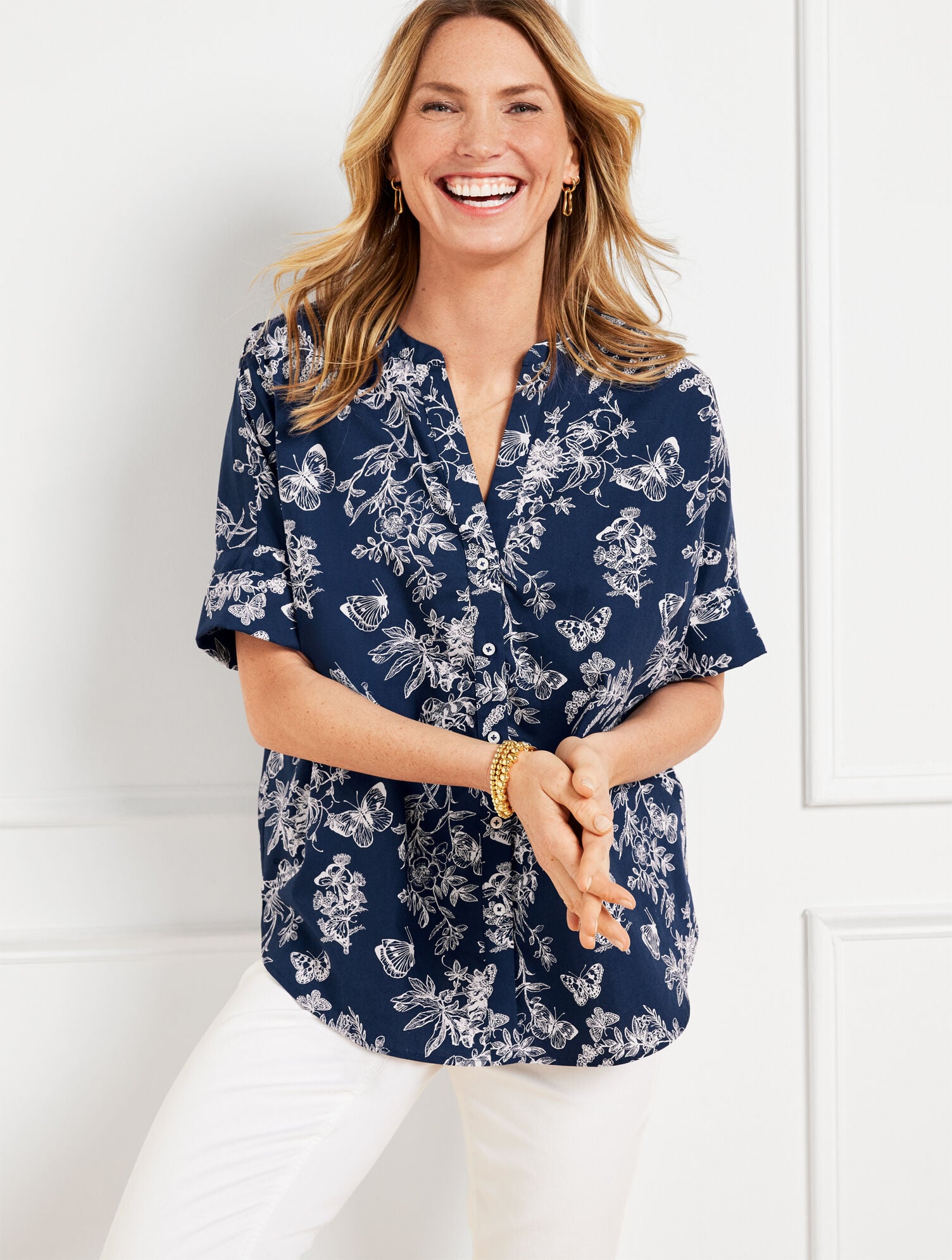 INDIA INK/WHITE BAND COLLAR BUTTON FRONT POPLIN SHIRT - PENCIL BUTTERFLY | Talbots on sale