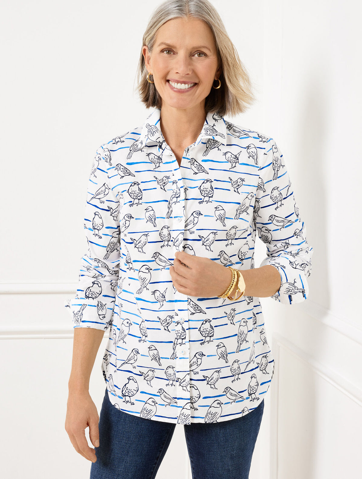 WHITE/ROYAL BLUE MODERN CLASSIC SHIRT - BIRD STRIPES | Talbots sale