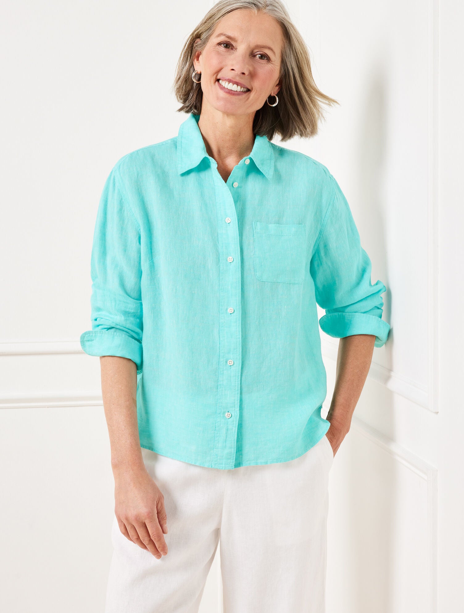 LAVENDER/WHITE|VIVID TURQUOISE/WHITE LINEN SHIRT - CROSS DYED | Talbots outlet