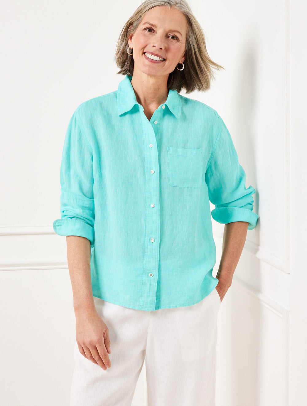 LAVENDER/WHITE|VIVID TURQUOISE/WHITE LINEN SHIRT - CROSS DYED | Talbots outlet