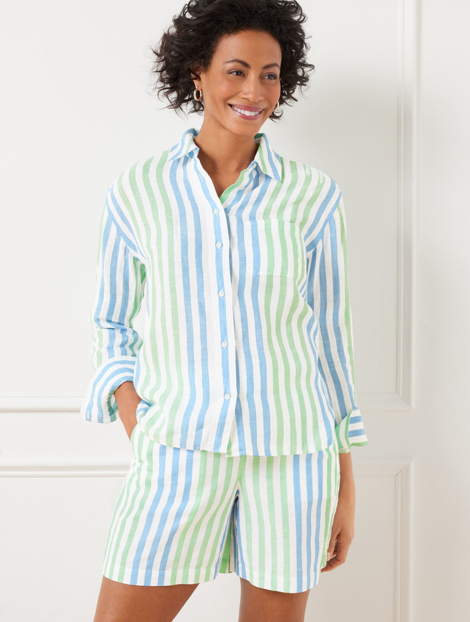 NEPTUPE GREEN MULTI LINEN SHIRT - PLAYFUL STRIPE | Talbots for sale