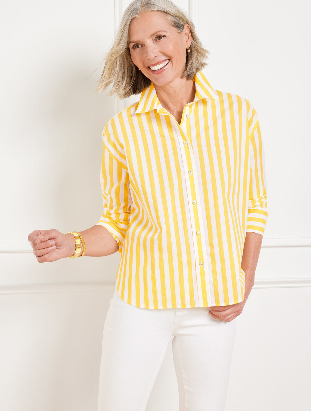 CORN SILK/WHITE SHORT SHIRT - GARDEN STRIPE | Talbots outlet