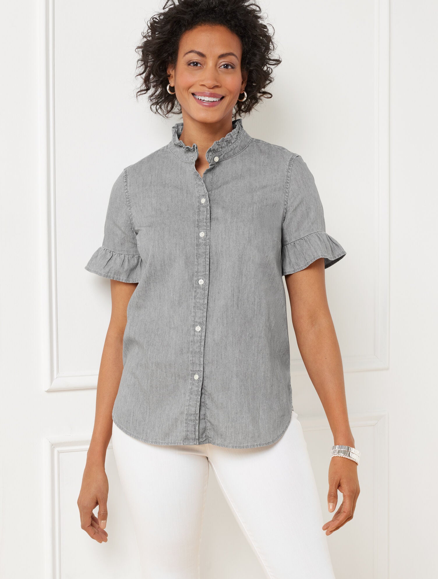 GREY DENIM RUFFLE DENIM SHIRT - GREY WASH | Talbots sale