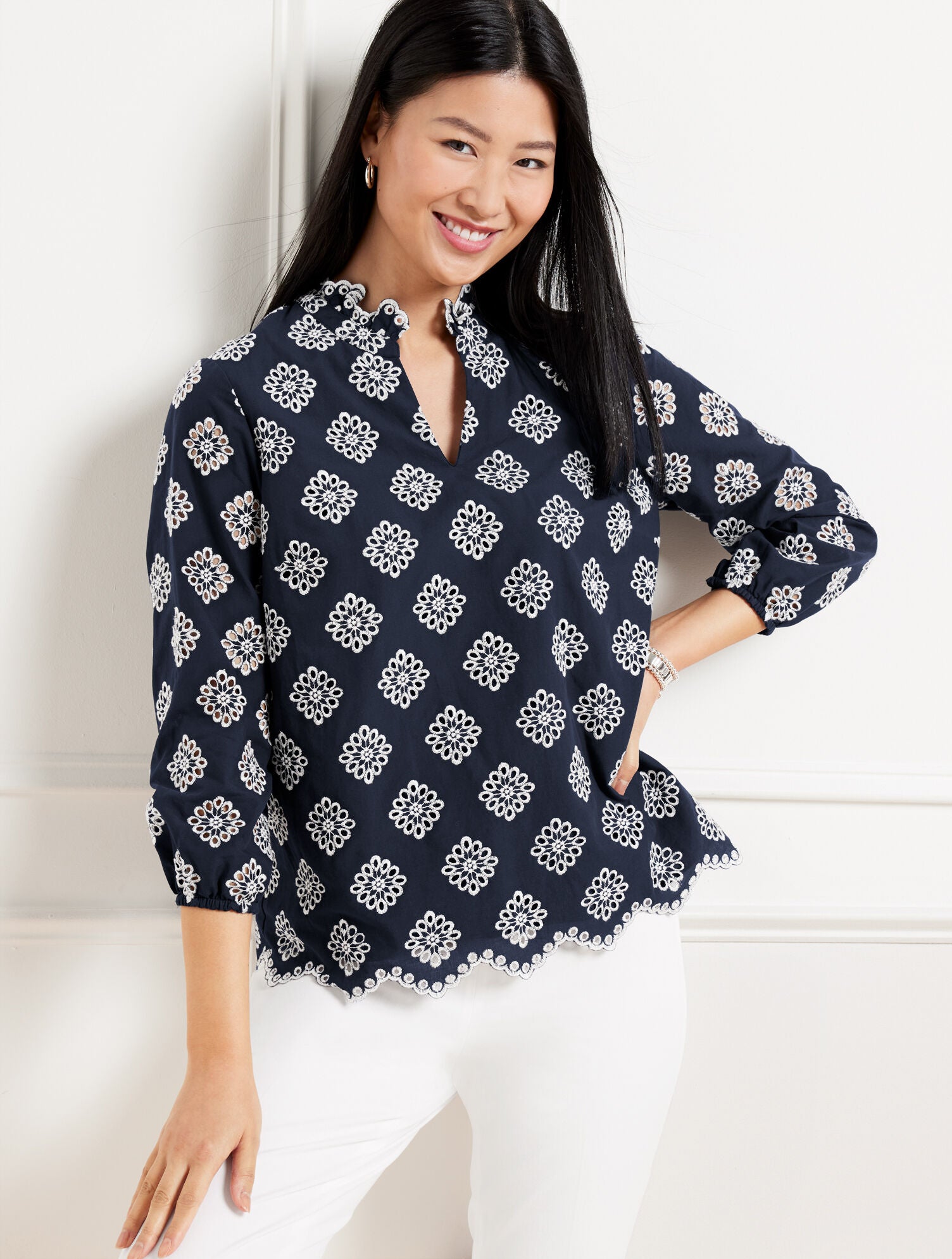 INDIGO BLUE/IVORY EMBROIDERED FLORAL TOP | Talbots online