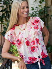 IVORY/RED TIE HEM TOP - WATERCOLOR BOUQUETS | Talbots US