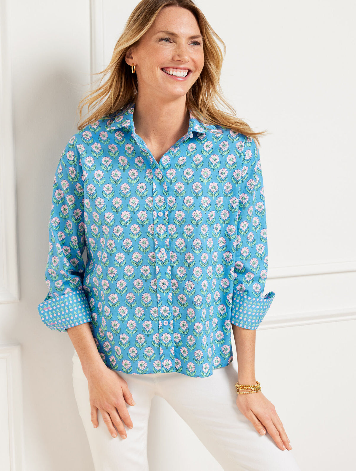 LAKESIDE BLUE/SOFT PINK POPLIN SHORT SHIRT - WOODBLOCK BUD | Talbots sale