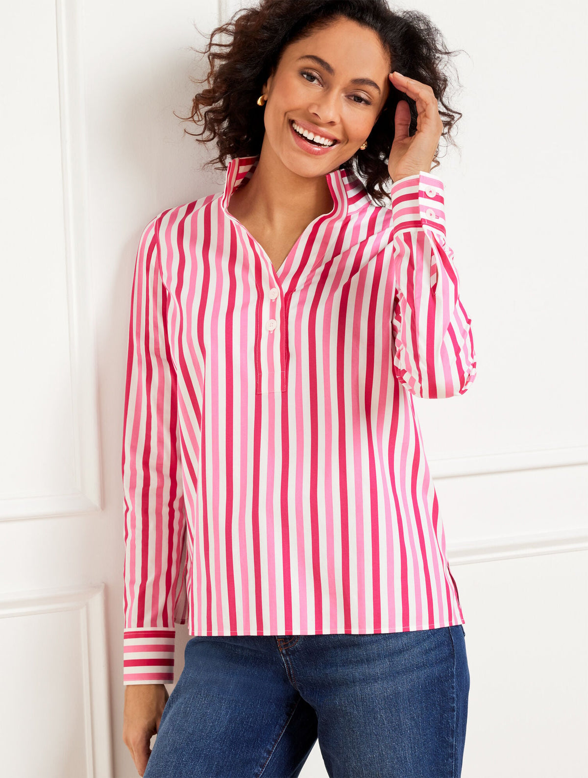 WHITE/TROPICAL PUNCH NON-IRON POPOVER - PRINTED JOYFUL STRIPE | Talbots US