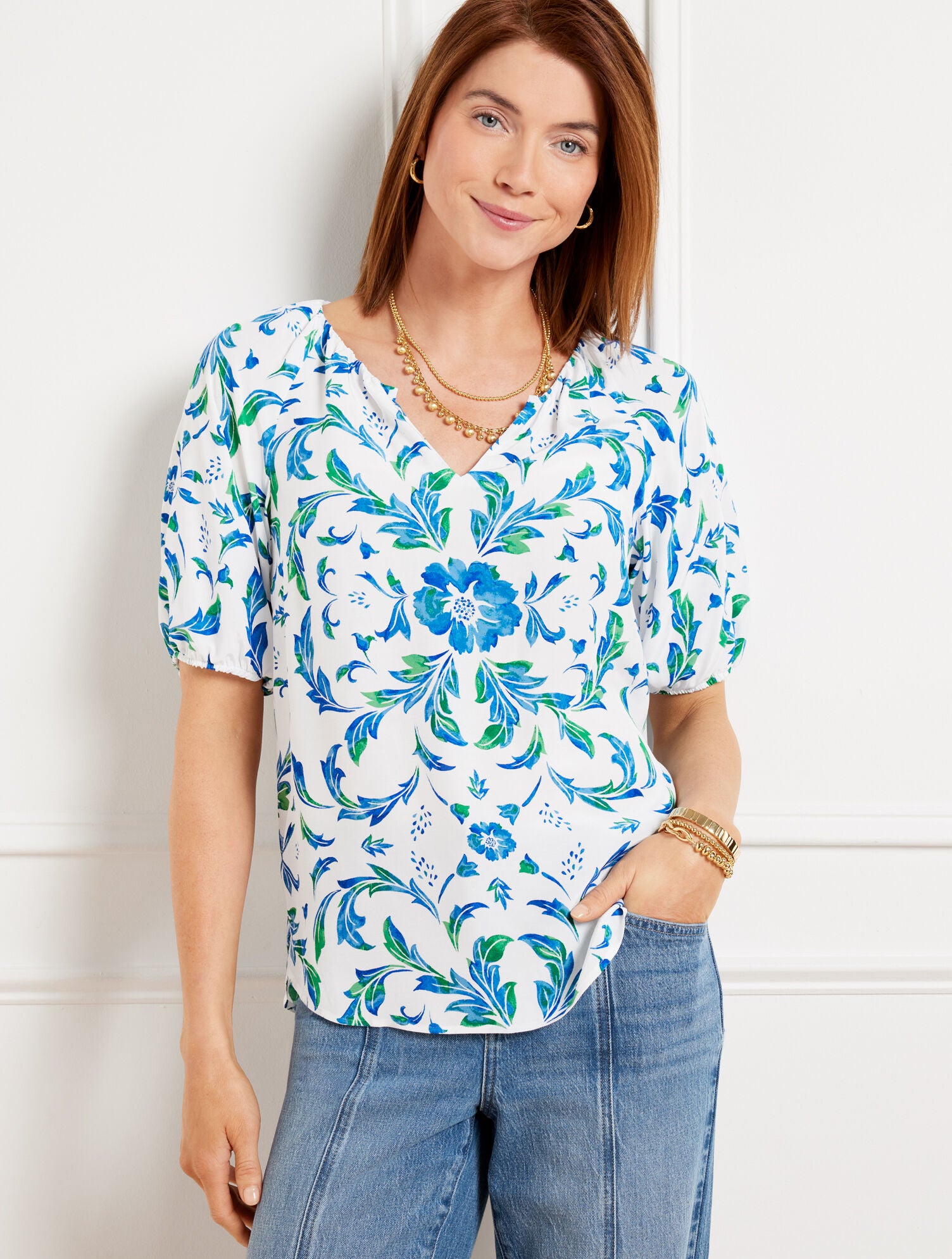 WHITE/LAKESIDE BLUE BEAUTIFUL SCROLL FLORAL TOP | Talbots near me