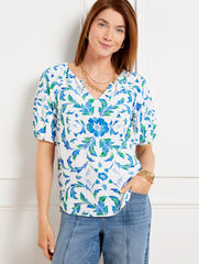 WHITE/LAKESIDE BLUE BEAUTIFUL SCROLL FLORAL TOP | Talbots near me