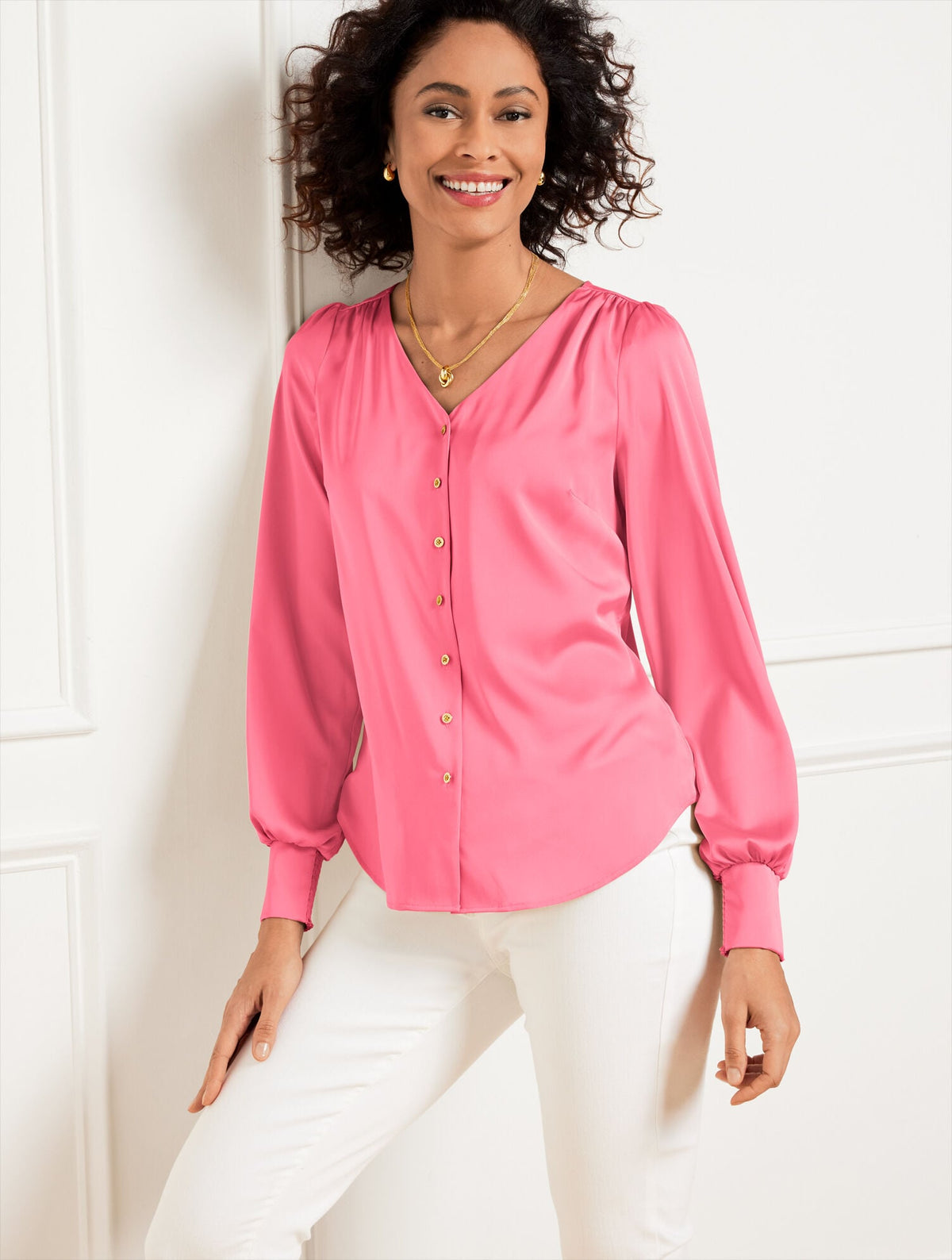 POPPY PINK SOFT SATIN CHARMEUSE TOP | Talbots discount
